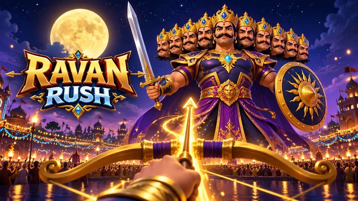 Ravan Rush: a ten-headed Ravan effigy in purple and gold faces a golden bow and arrow under a full moon
